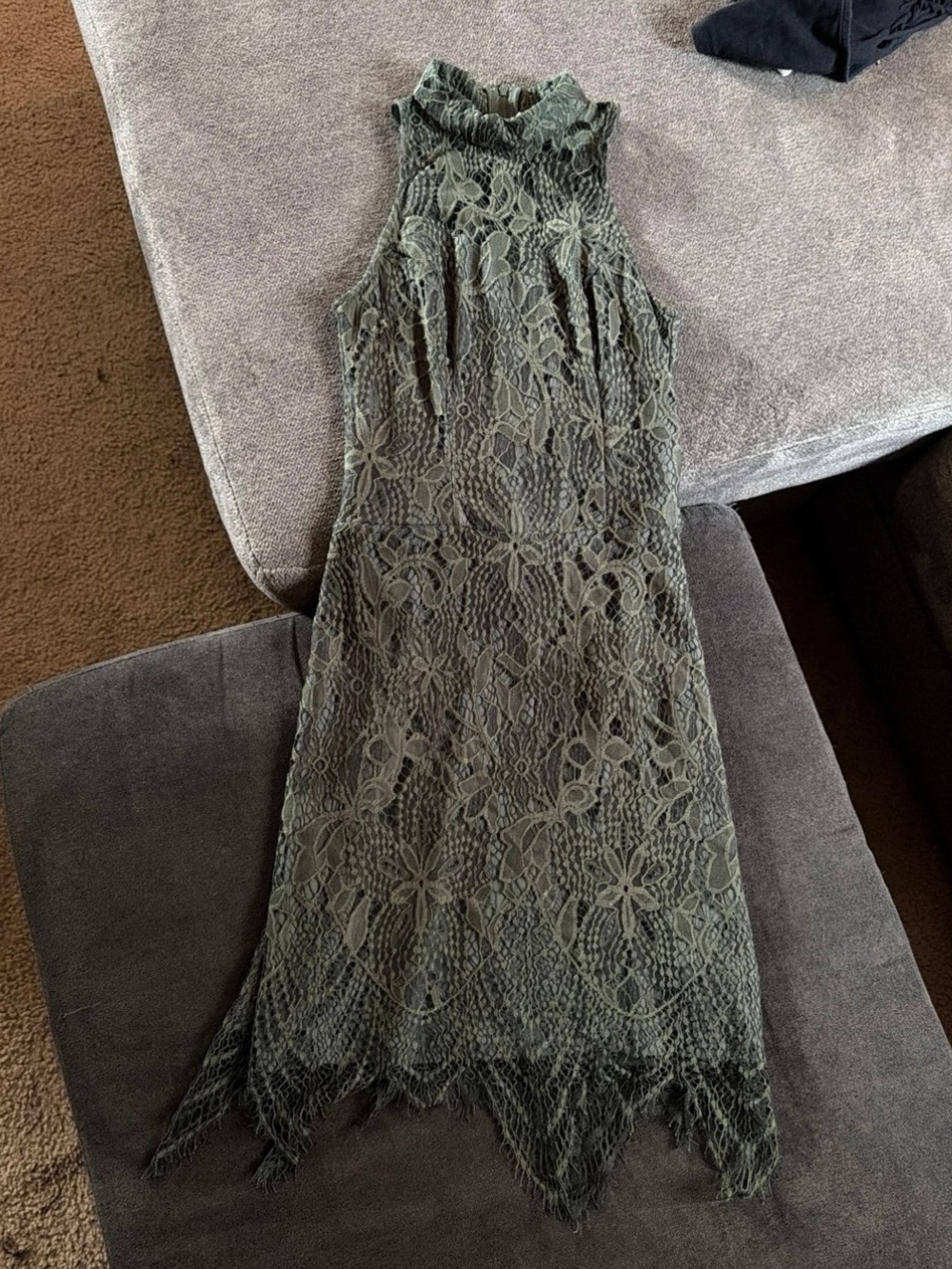 High-Neck Olive Lace Midi Dress